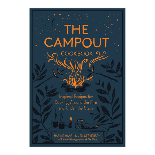 The Campout Cookbook cover in navy with an orange campfire under stars, by Marnie Hanel and Jen Stevenson