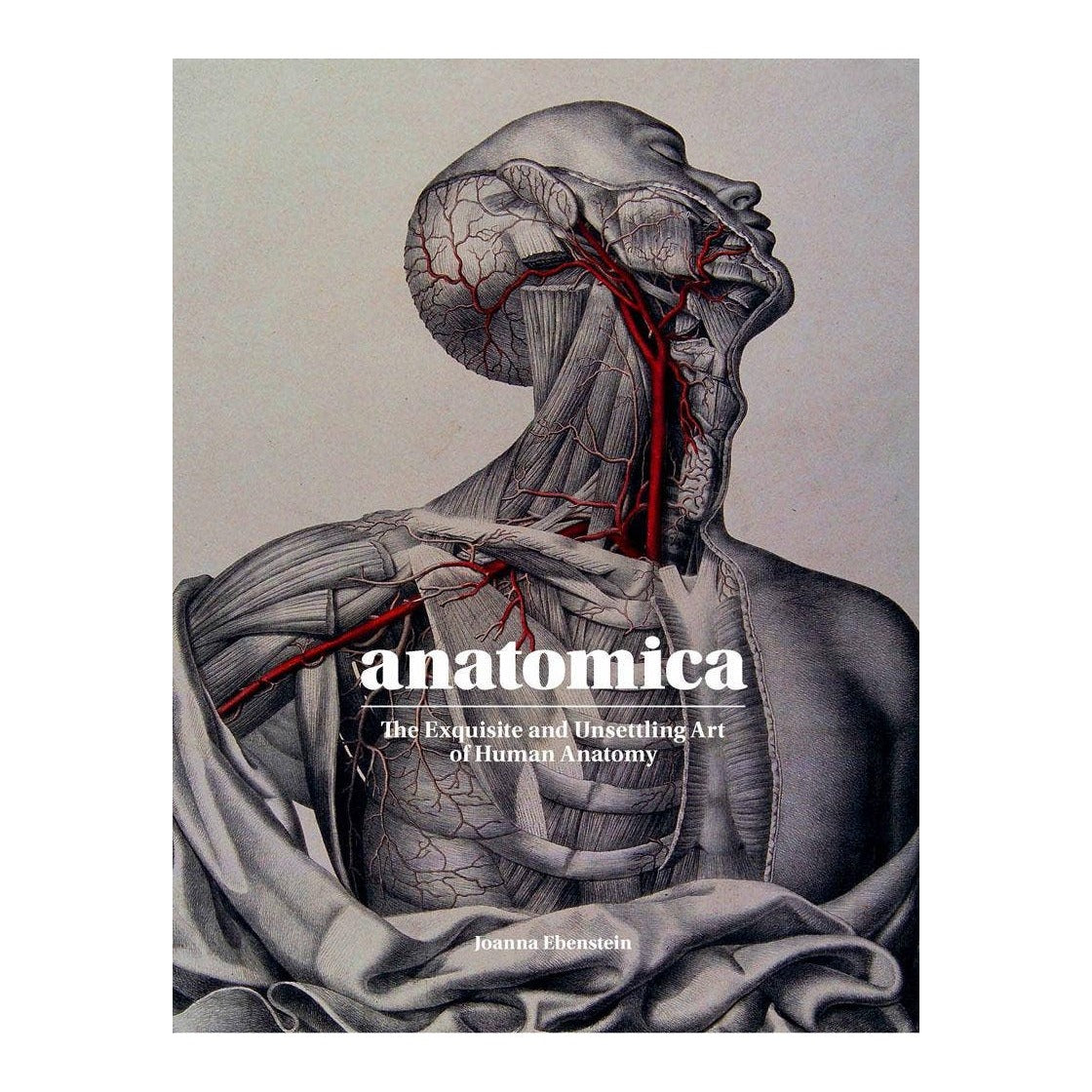 Anatomica book cover with a vintage anatomical drawing of a man's neck and shoulder with red arteries