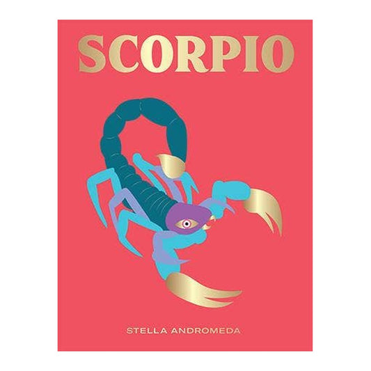 Scorpio book cover by Stella Andromeda with gold title and a teal and blue scorpion on coral pink