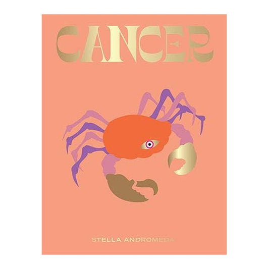 Cancer book cover in coral pink with gold title and an orange and purple crab illustration
