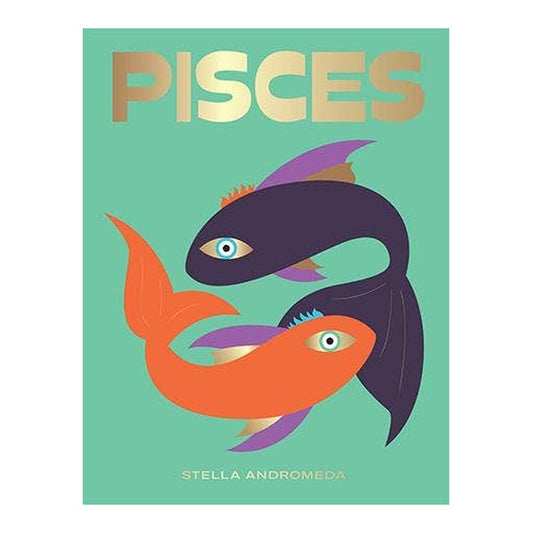 Pisces book cover by Stella Andromeda with gold title and two stylized orange and purple fish on mint