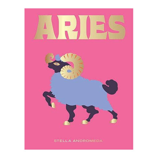 Aries book by Stella Andromeda, hot pink cover with gold title and a lavender ram with curled gold horns