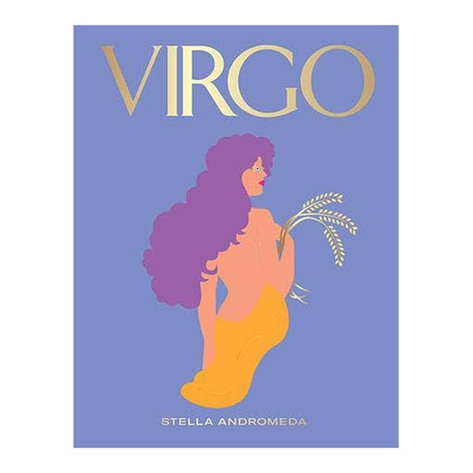 Virgo book cover by Stella Andromeda, lavender with gold title and a woman holding wheat