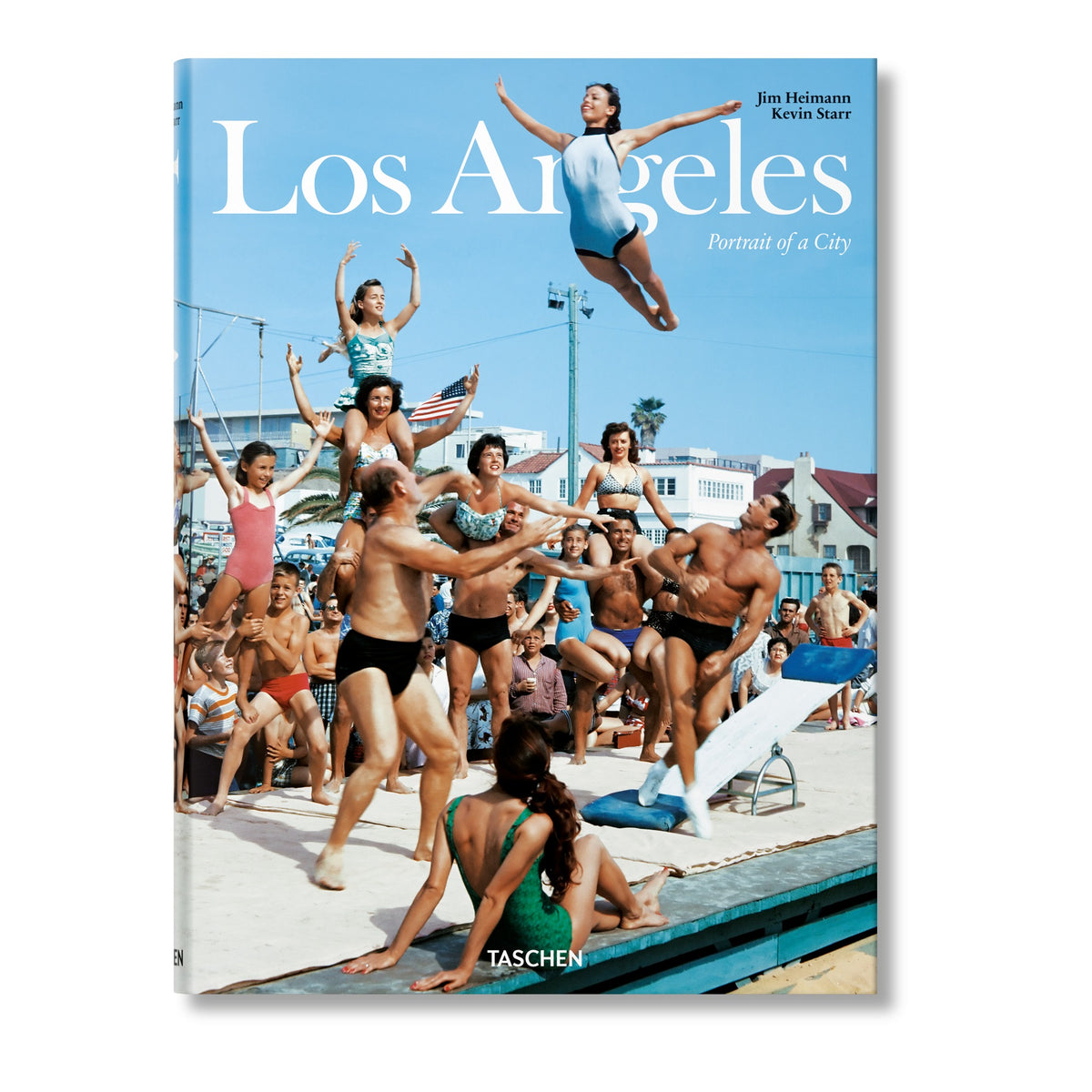 Los Angeles Portrait of a City by Taschen, cover of a vintage beach acrobatics scene with a woman mid-leap