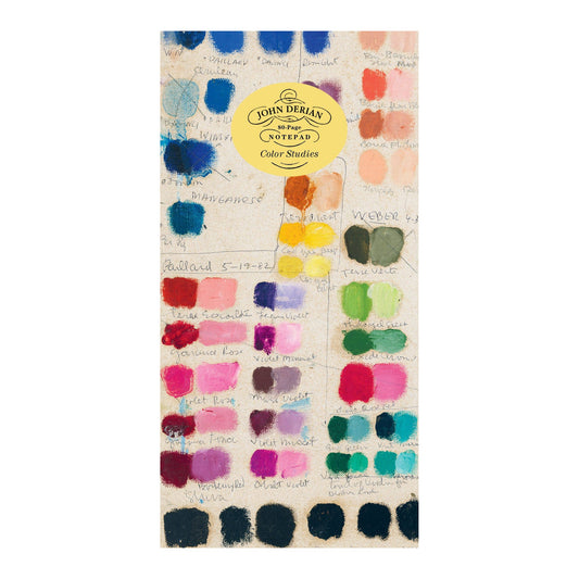 John Derian Color Studies notepad with painted color swatches and a yellow oval label