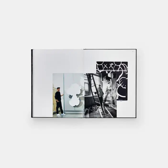 Open Kaws + Warhol spread with a photo of KAWS in his studio and a black and white Warhol studio shot