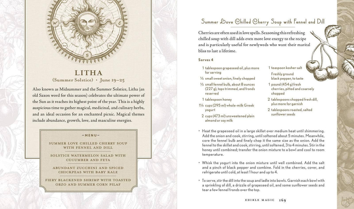 Wiccan Kitchen Litha page with a sun illustration beside a chilled cherry soup recipe