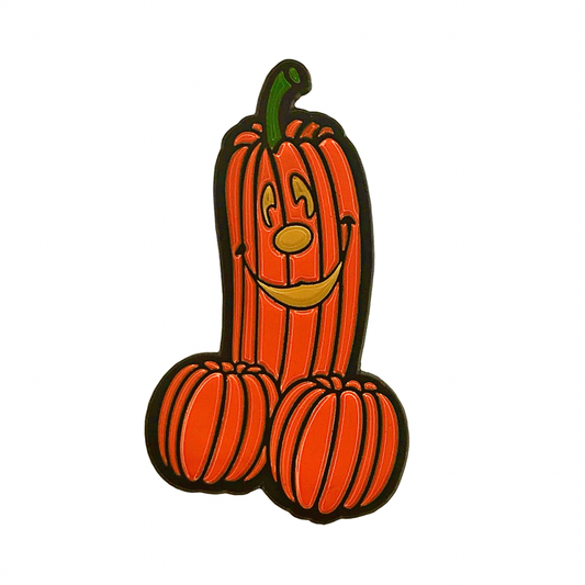 Halloweenie enamel pin of a smiling orange pumpkin character shaped like a phallus, outlined in black
