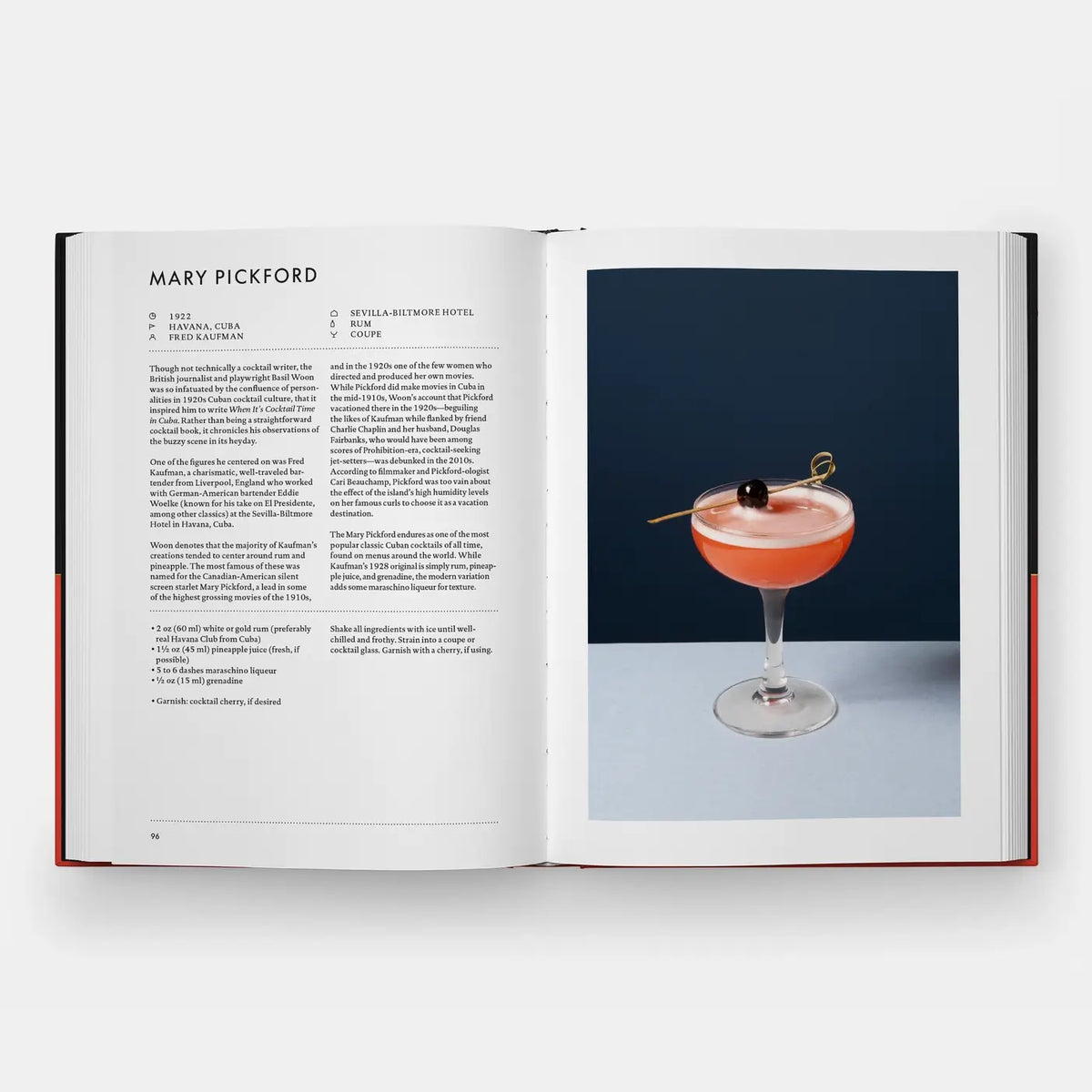 Signature Cocktails open to the Mary Pickford recipe with a pink coupe cocktail garnished with a cherry