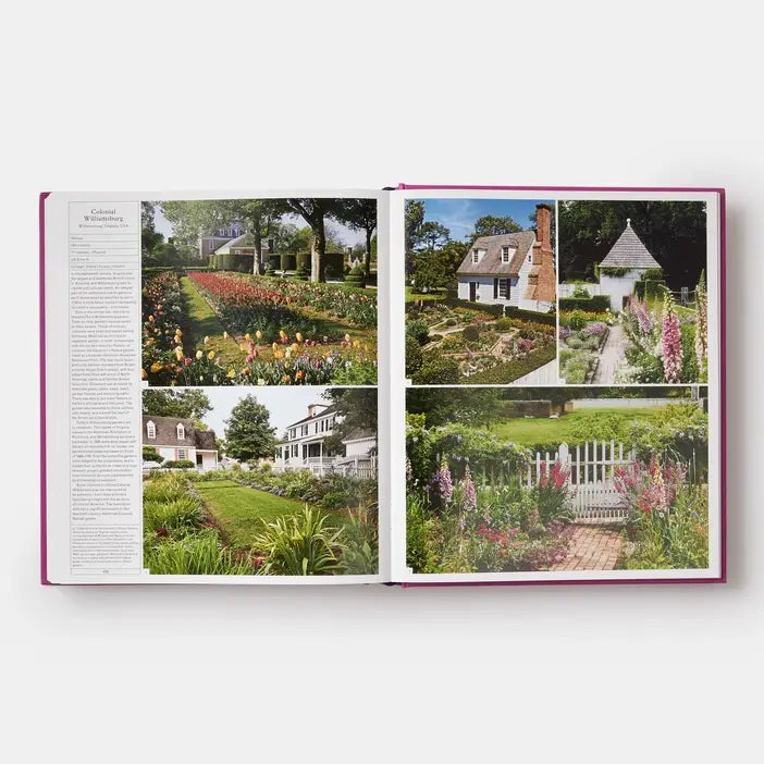 The Gardener's Garden spread of Colonial Williamsburg gardens with tulip beds, foxgloves and a picket fence