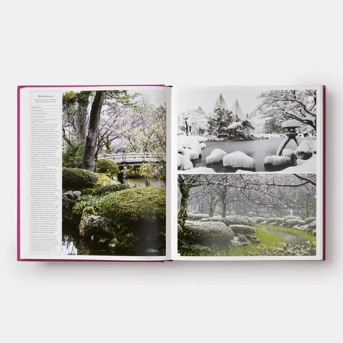 The Gardener's Garden open to a Japanese garden spread with mossy stone bridge and snow-covered scenes