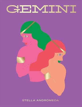 Close-up of the Gemini book cover, two pink and peach figures with green and red hair and gold armbands