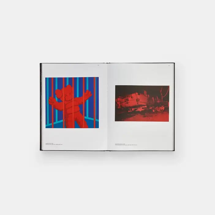 Open Kaws + Warhol spread pairing a red KAWS figure behind bars with a red-tinted Warhol car crash image