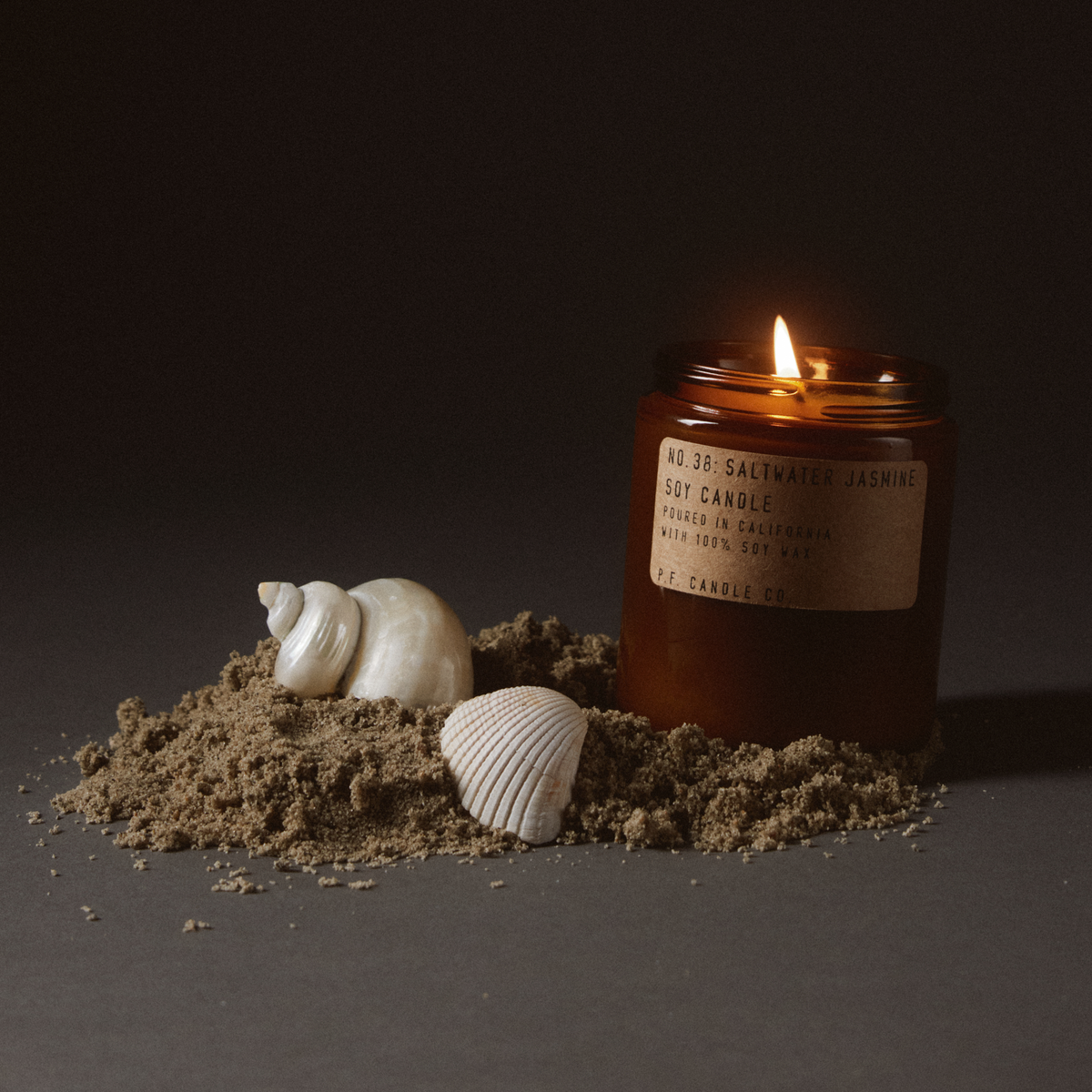 Lit Saltwater Jasmine candle on a mound of sand with two white seashells against a dark backdrop