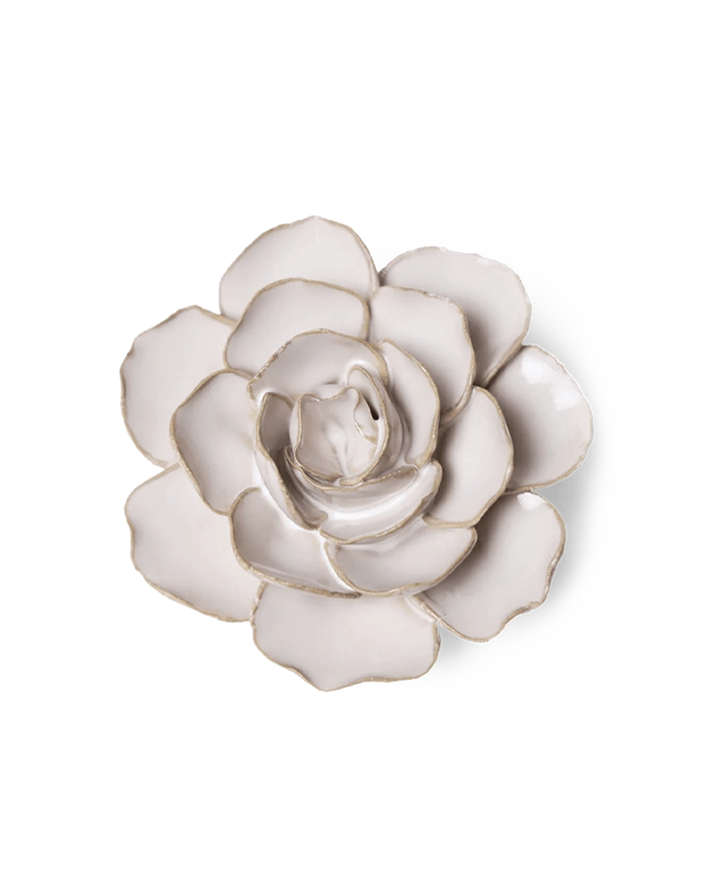 Ivory Amandine Ranunculus ceramic flower with smooth, rounded petals spiraling to a closed bud