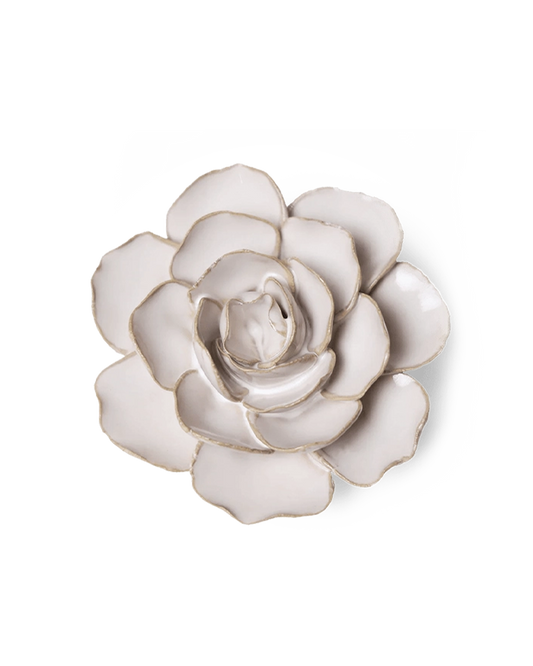 Ivory Amandine Ranunculus ceramic flower with smooth, rounded petals spiraling to a closed bud