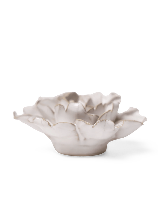 Side view of the Ivory Rose showing its wavy, open petals on a round base