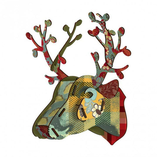 Foliage eco deer head in green plaid and red floral prints with branching patterned antlers