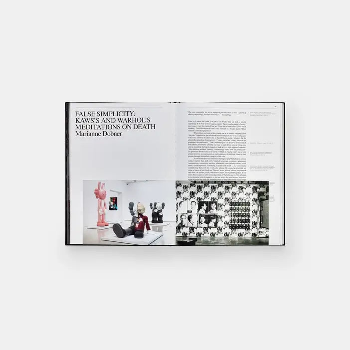 Kaws + Warhol essay opener False Simplicity by Marianne Dobner with gallery and Warhol wallpaper photos