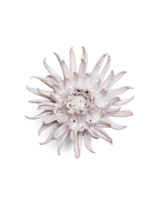 Pearlescent medium ceramic flower with long, narrow white petals radiating from a dense center