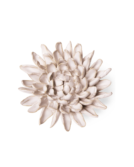 Ivory Chrysanthemum ceramic flower, a full dome of narrow cupped petals with tan-edged tips