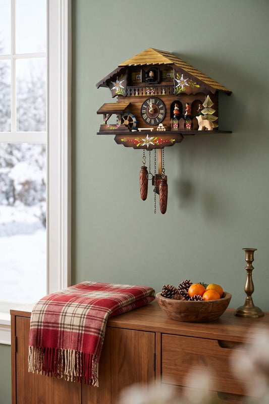 Waterwheel chalet cuckoo clock on a sage-green wall above a wooden sideboard