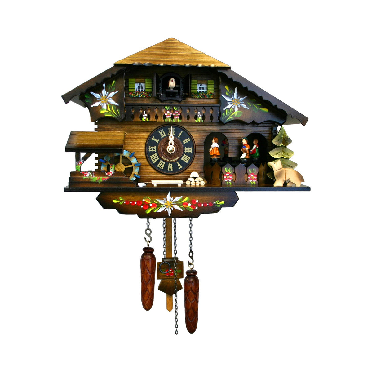 Waterwheel chalet musical cuckoo clock with dancers