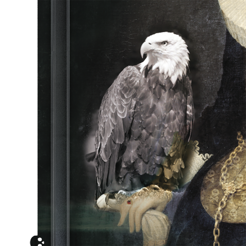 Close-up of the Zhao tray art showing the bald eagle perched on the figure's gloved hand