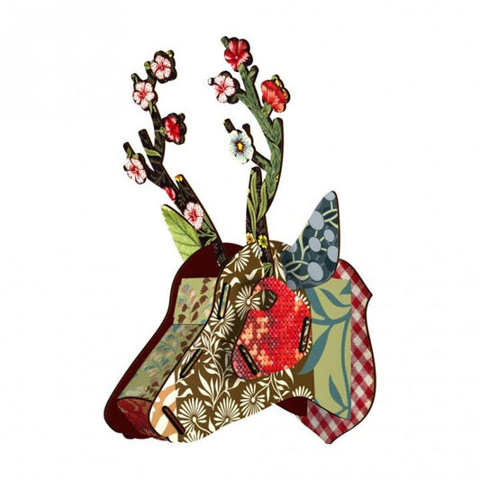 Flower Blow-Up eco deer head wall decor in patterned prints with red and white flowers on the antlers