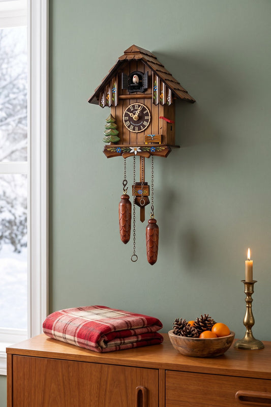 Chalet musical cuckoo clock on a sage-green wall above a wooden sideboard