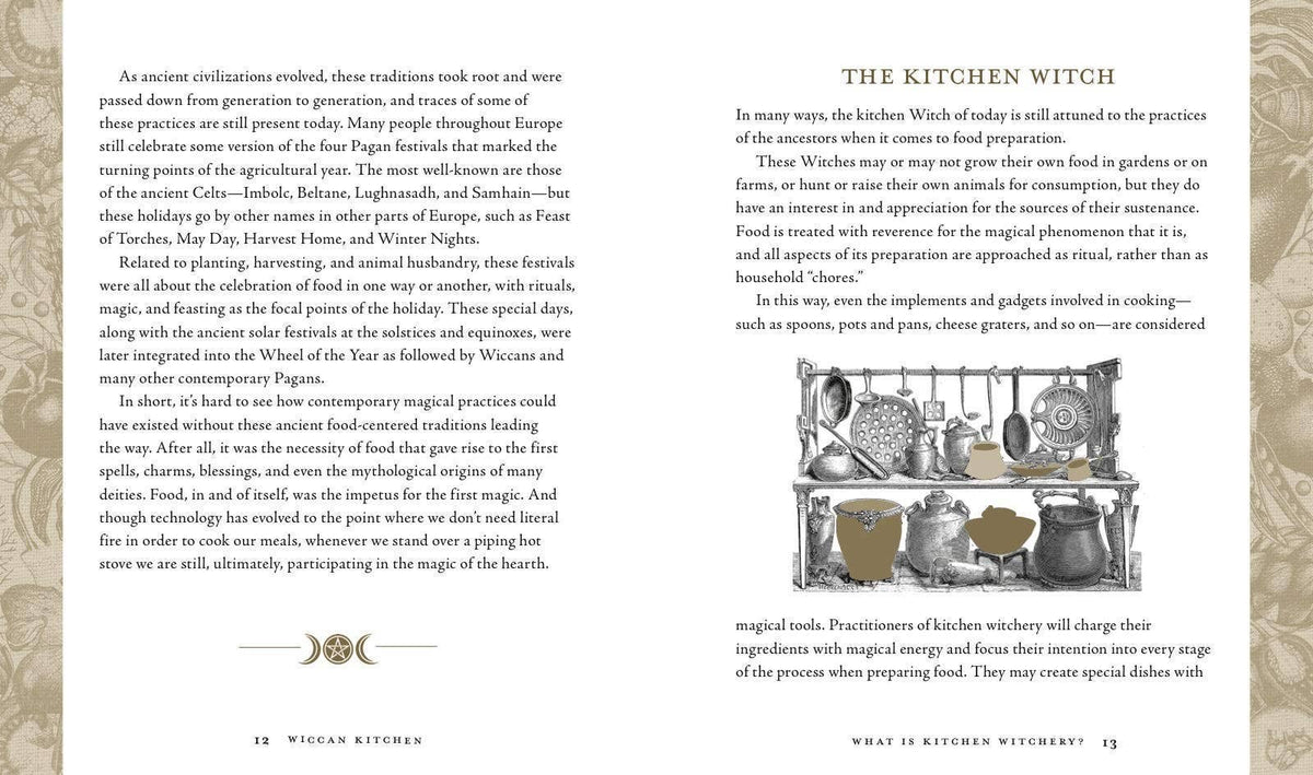 Wiccan Kitchen spread on The Kitchen Witch with an engraving of hanging pots and utensils