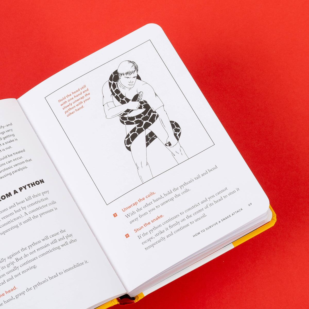 Handbook page with a line drawing of a man unwrapping a python from his body, on a red background