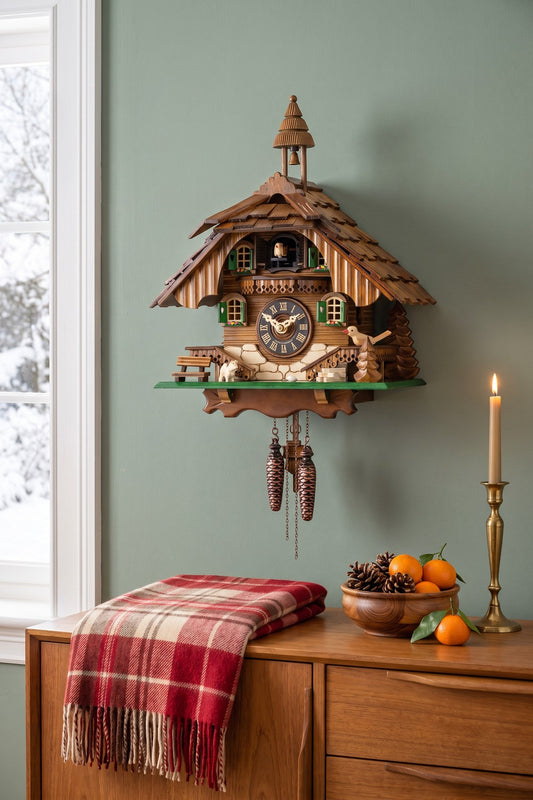 Dog and bird chalet cuckoo clock on a sage-green wall above a wooden sideboard