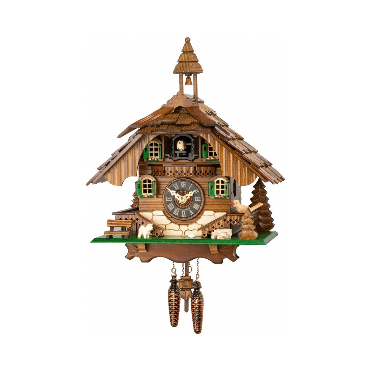 Chalet musical cuckoo clock with carved dog and bird