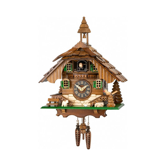 Chalet musical cuckoo clock with carved dog and bird
