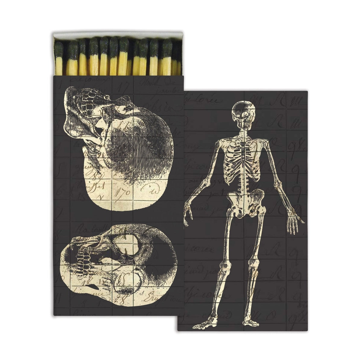 Infirmerie matchbox in black with vintage skull drawings on one side, a full skeleton on the other, black-tipped matches