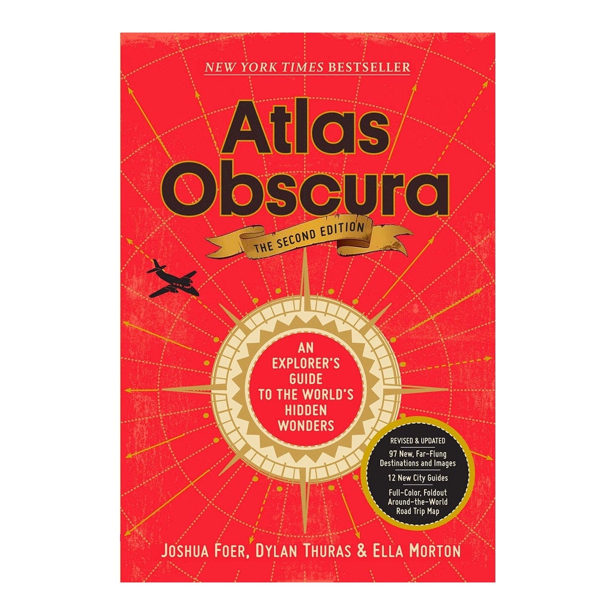 Atlas Obscura second edition book cover, red with a gold compass rose and a small airplane