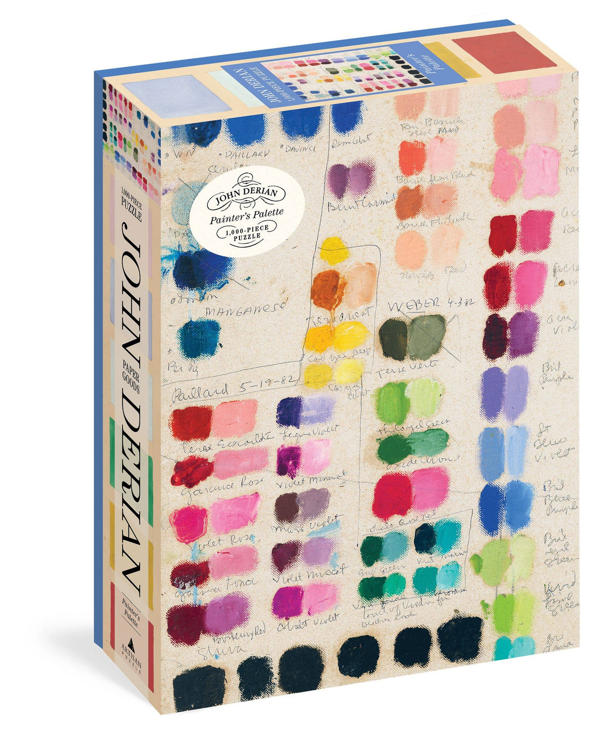 Front view of the Painter's Palette puzzle box showing handwritten color names beside paint daubs