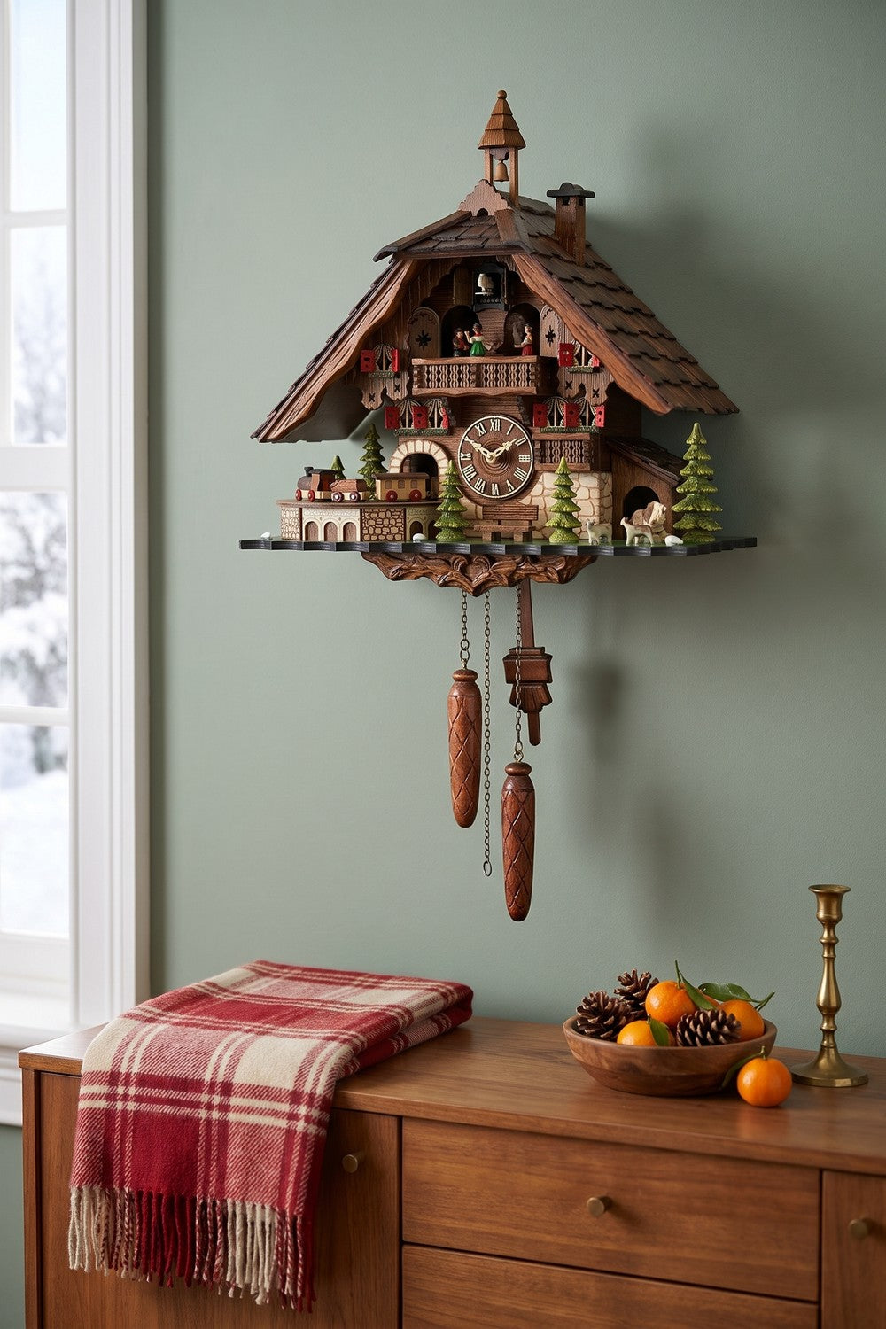 Train and dancers musical cuckoo clock on a sage-green wall above a wooden sideboard
