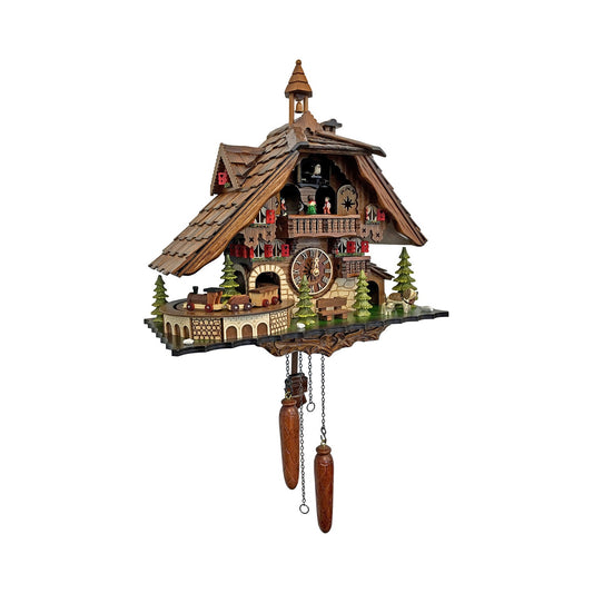 Black Forest musical cuckoo clock with turning dancers and train