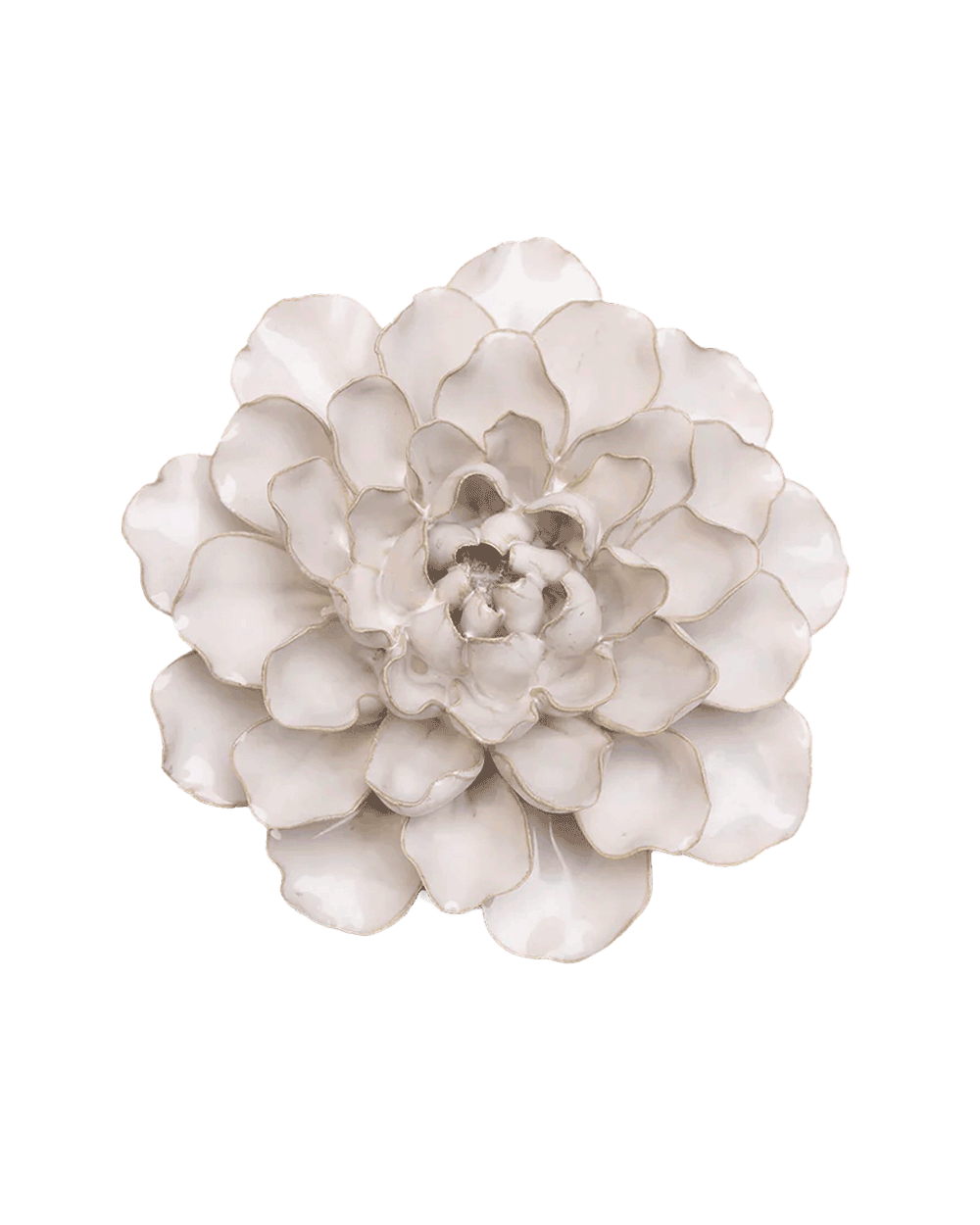 Ivory European Water Lily ceramic flower from the front, layered rounded petals with fine tan edges