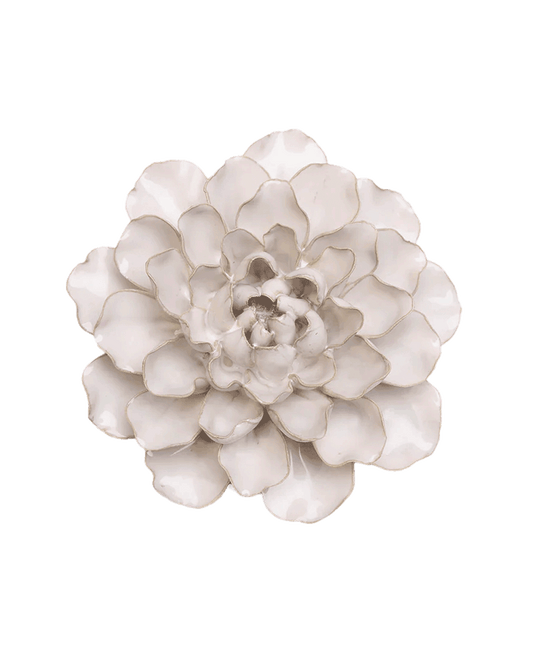 Ivory European Water Lily ceramic flower from the front, layered rounded petals with fine tan edges