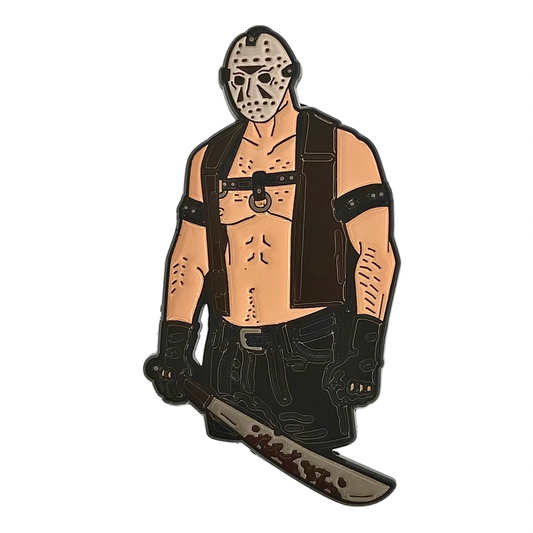 Machete Daddy enamel pin of a hockey-masked figure in a leather harness and vest holding a bloody machete