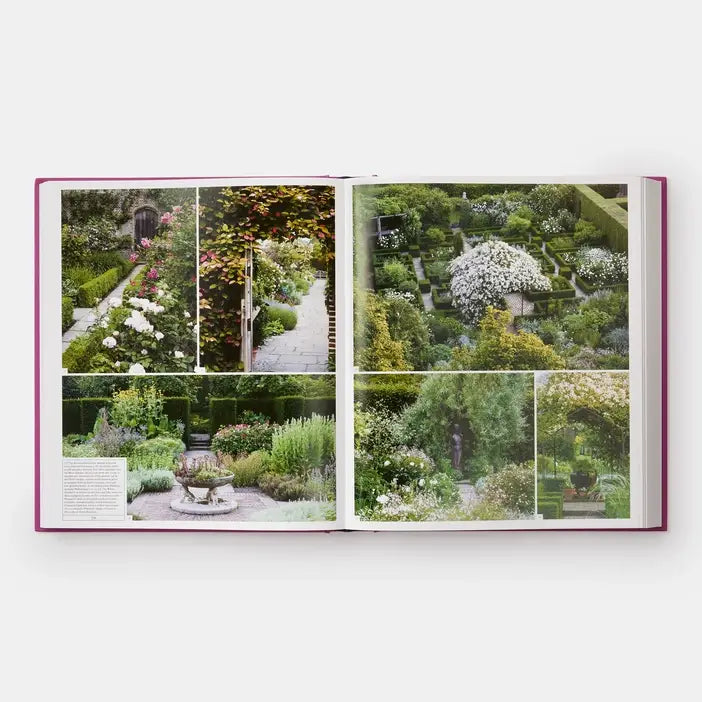 The Gardener's Garden spread of an English garden with white blooms, clipped hedges and stone paths