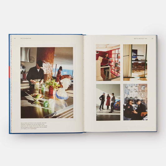 Open HAY book showing photos of Mette and Rolf Hay at home and at work