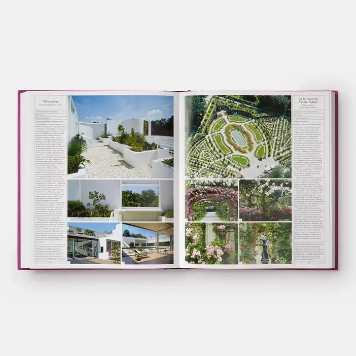 The Gardener's Garden spread pairing a white modernist terrace garden with an aerial view of a rose garden