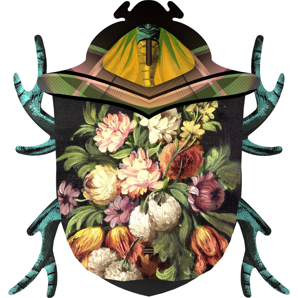 Keith beetle wall box with a dark floral still-life body, green and gold head and teal antler-like legs