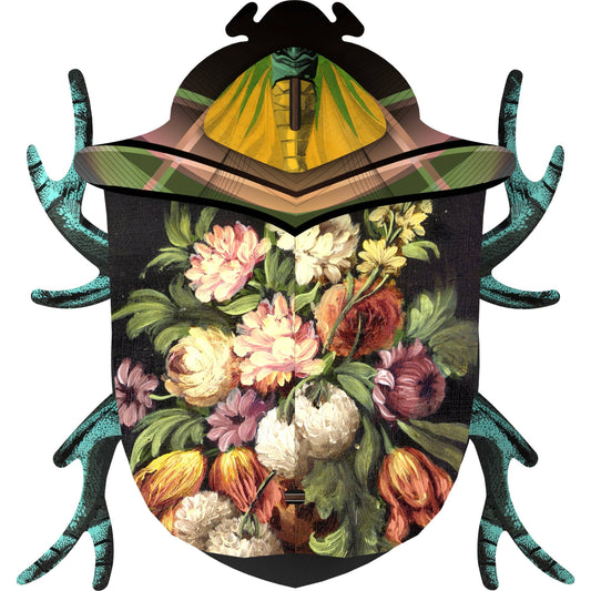 Keith beetle wall box with a dark floral still-life body, green and gold head and teal antler-like legs