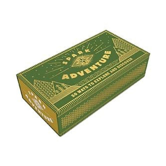 Spark Adventure box in green and gold styled like a matchbox, reading 50 ways to explore and discover