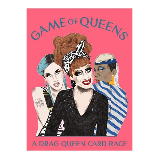 Game of Queens card game box with illustrated drag queens on a pink background